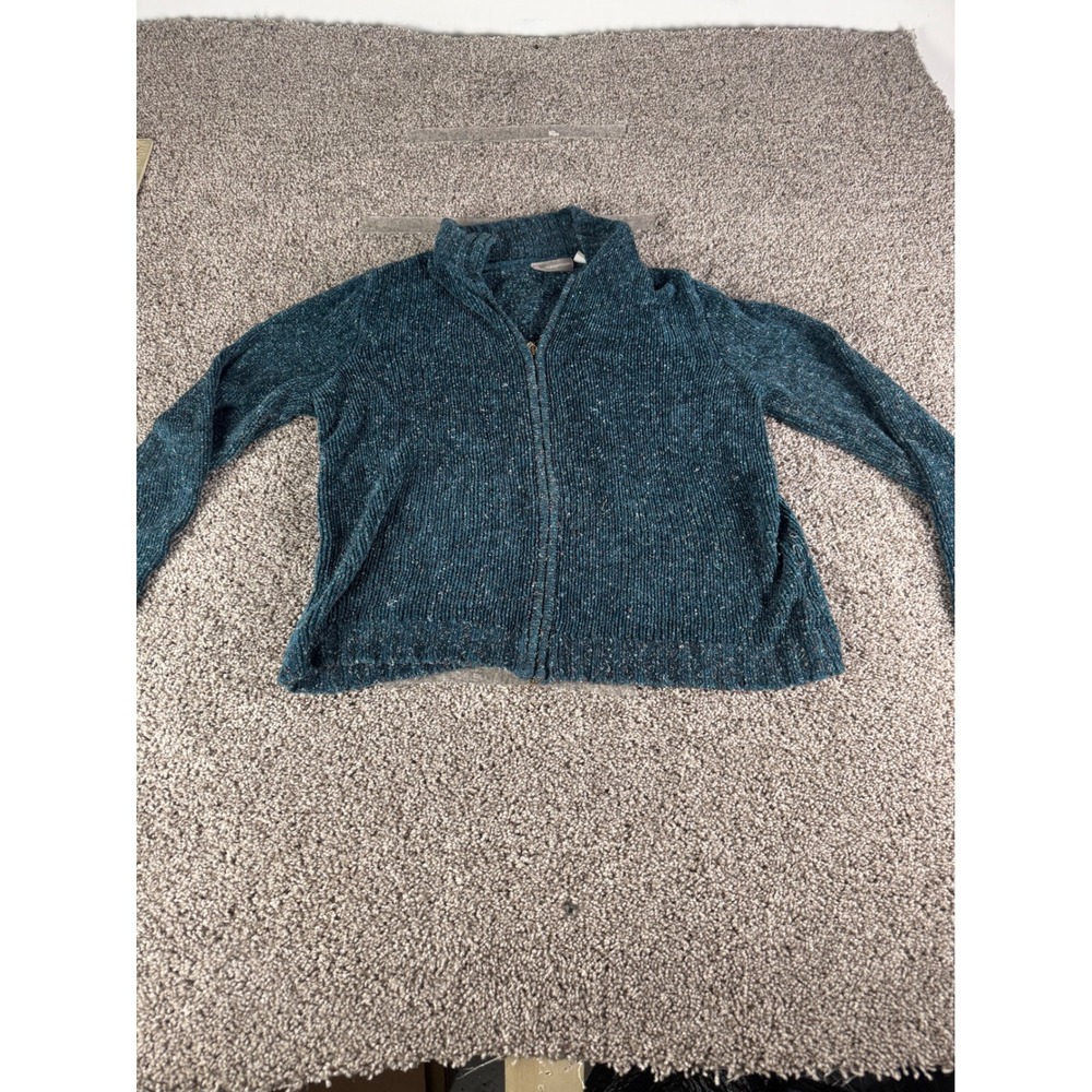 Croft & Barrow Womens Large Teal Chenille Full Zip Cardigan Sweater Mock Neck